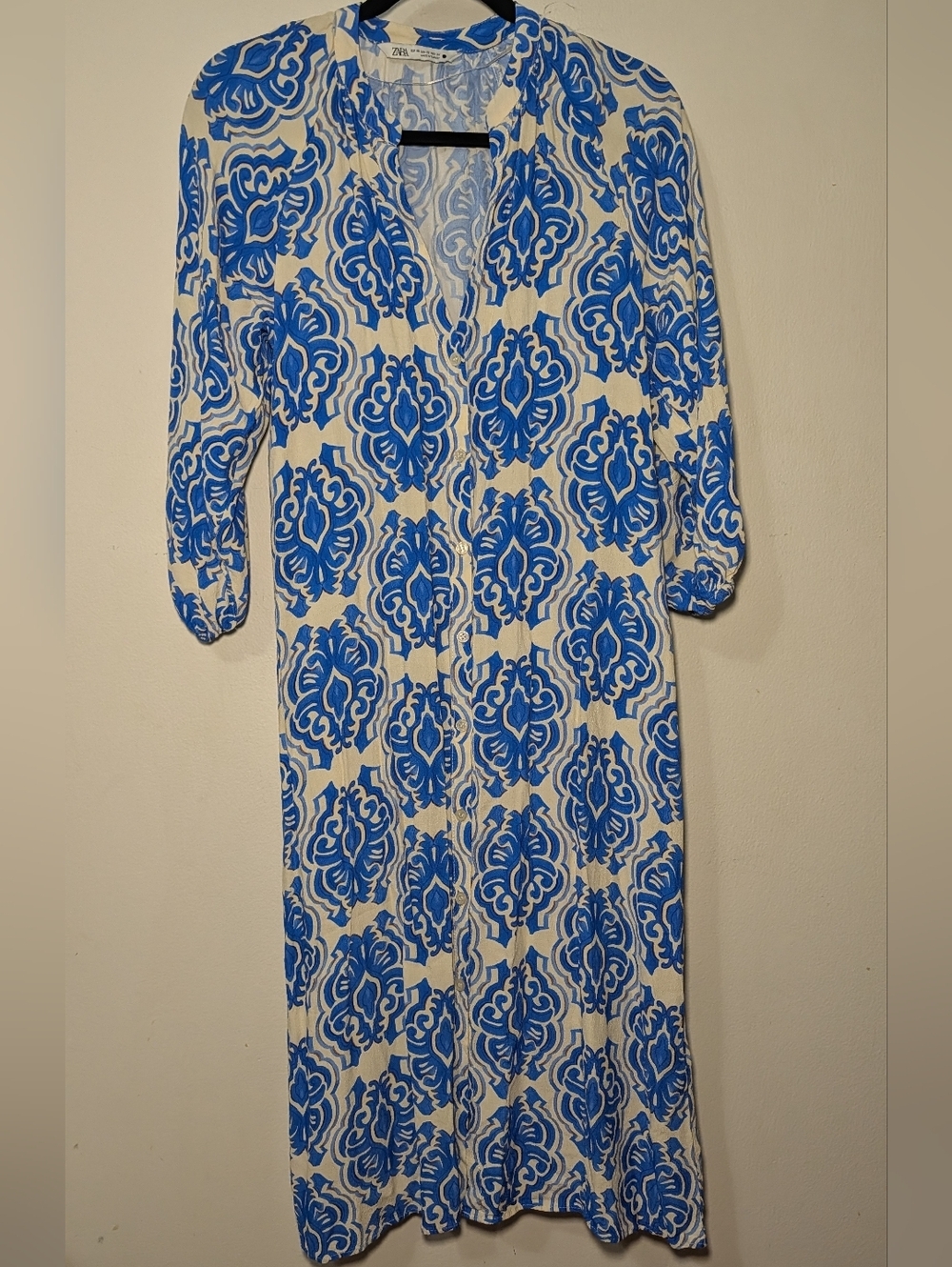 Zara Blue + White Midi Dress Medallion Print Balloon Sleeves V-neck Size XS